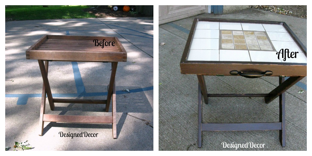 serving tray folding table before and after makeover with paint and tile